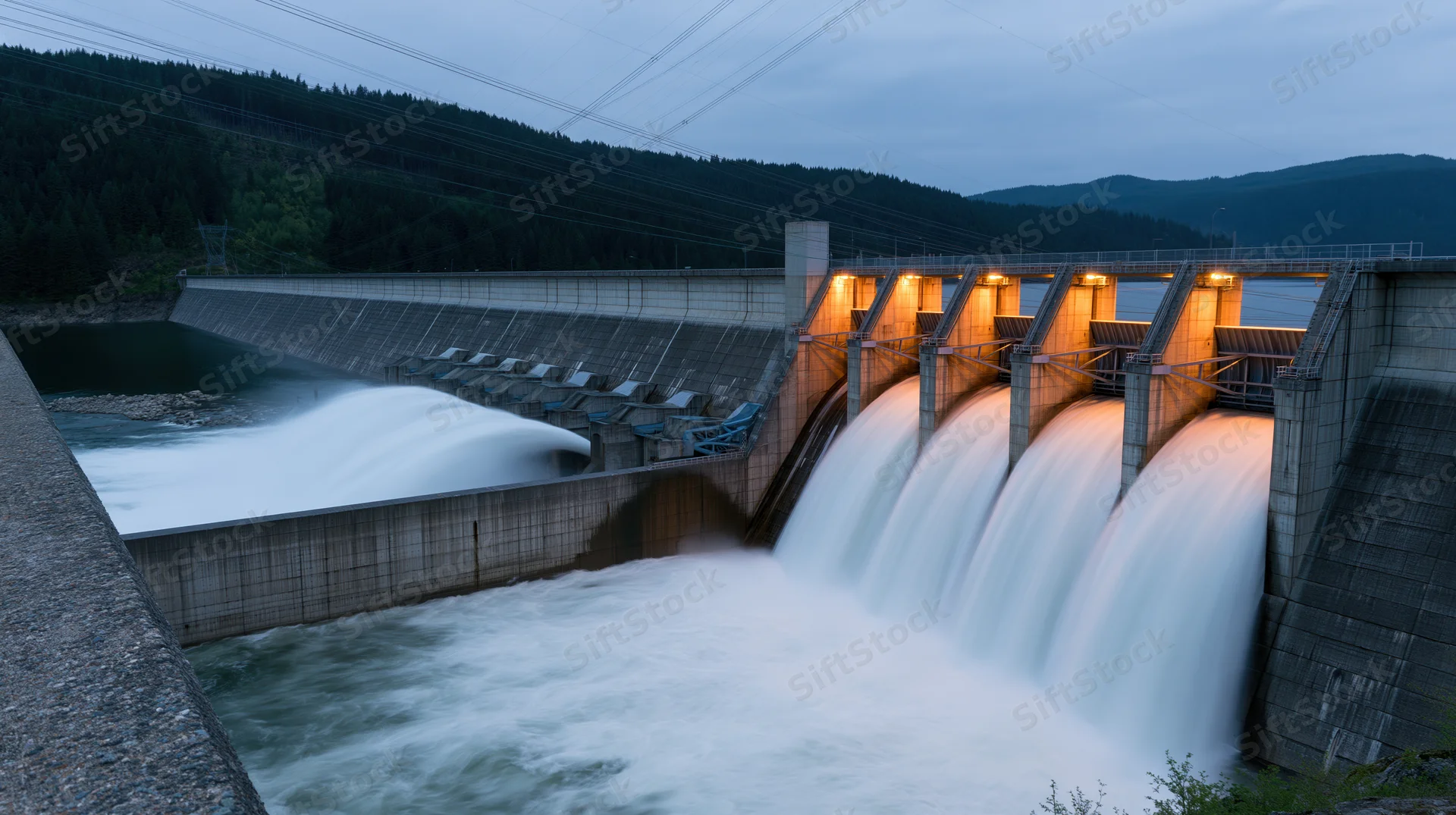 Large concrete hydroelectric dam releasing rushing water into river at twilight