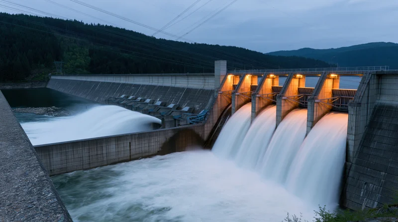 Large concrete hydroelectric dam releasing rushing water into river at twilight