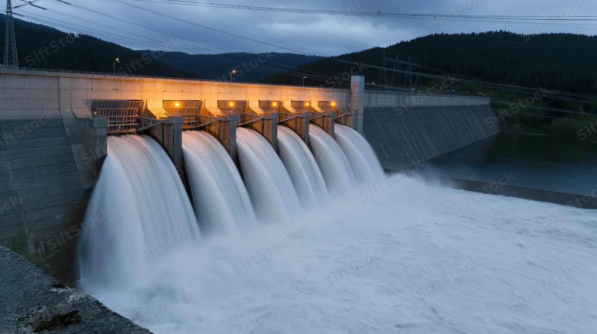 Hydroelectric dam releasing water through spillway gates at twilight