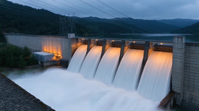 Large concrete hydroelectric dam releasing water in evening light with mountains and forest in background