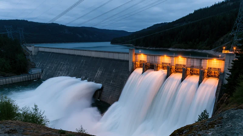 Large concrete hydroelectric dam releasing rushing water into river at twilight