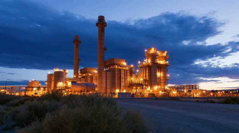Large gas turbine power plant illuminated at dusk in an arid industrial landscape