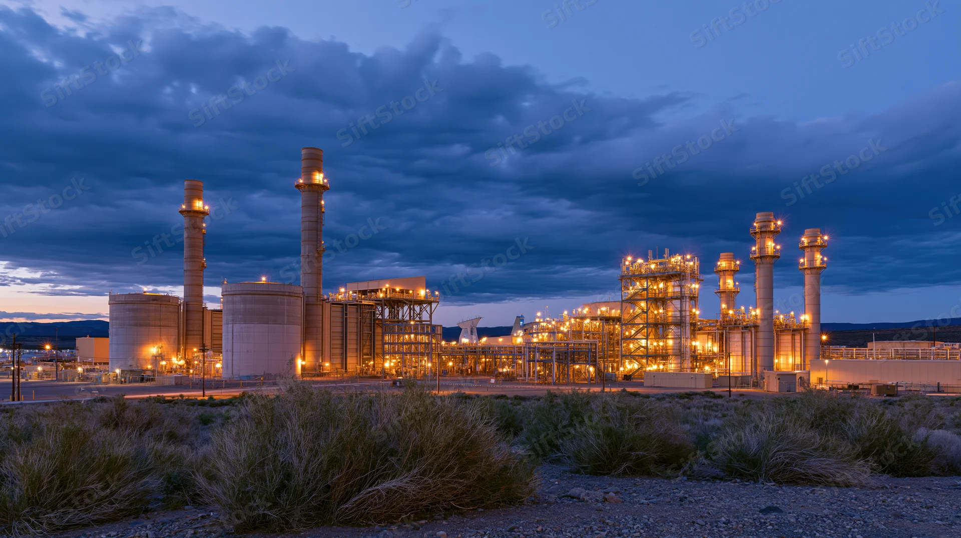 Large gas turbine power plant illuminated at dusk in a desert landscape