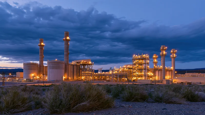 Large gas turbine power plant illuminated at dusk in a desert landscape