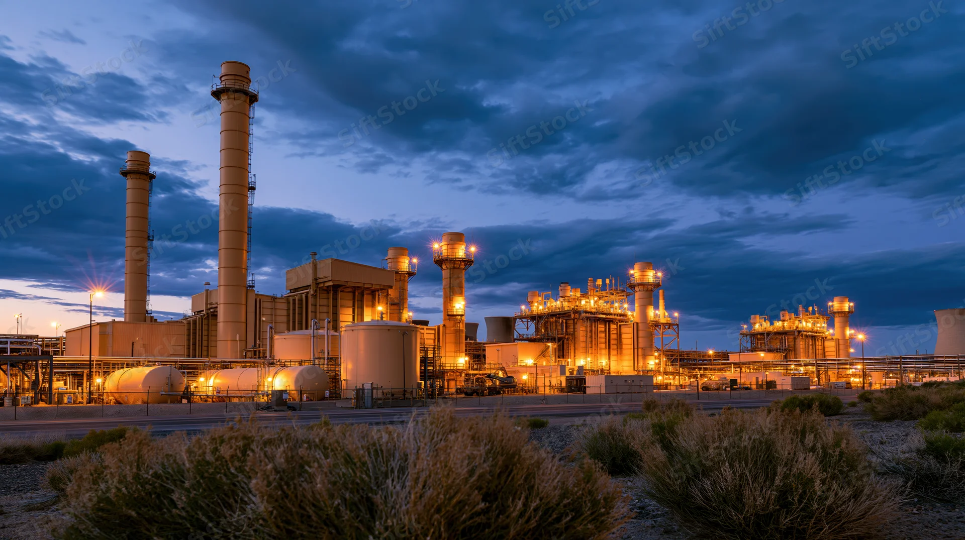 Large gas turbine power plant illuminated at dusk with industrial structures and desert shrubs in foreground