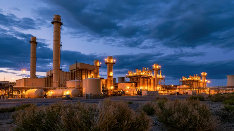 Large gas turbine power plant illuminated at dusk with industrial structures and desert shrubs in foreground