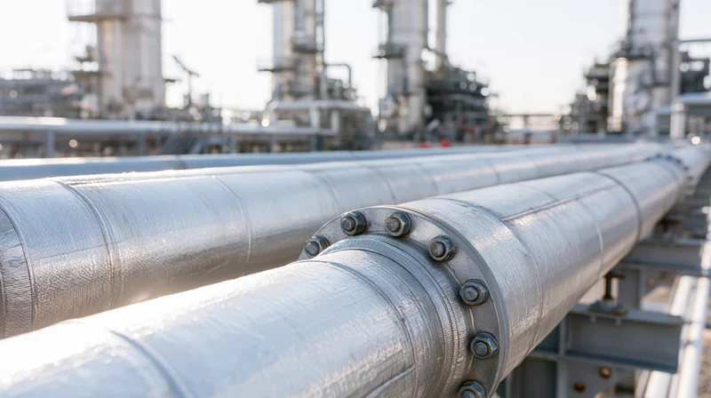 Large insulated steel pipelines running parallel in a petrochemical refinery plant