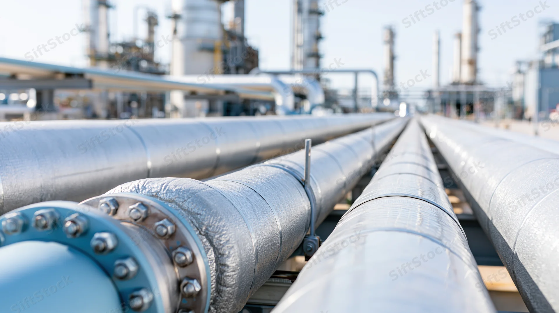 Parallel insulated steel pipelines running through an industrial refinery plant
