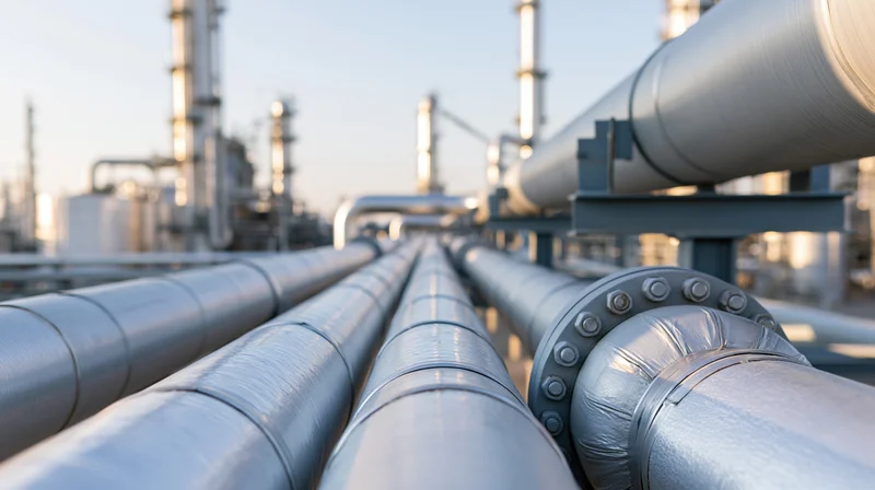 Parallel insulated steel pipelines extending through an industrial refinery plant