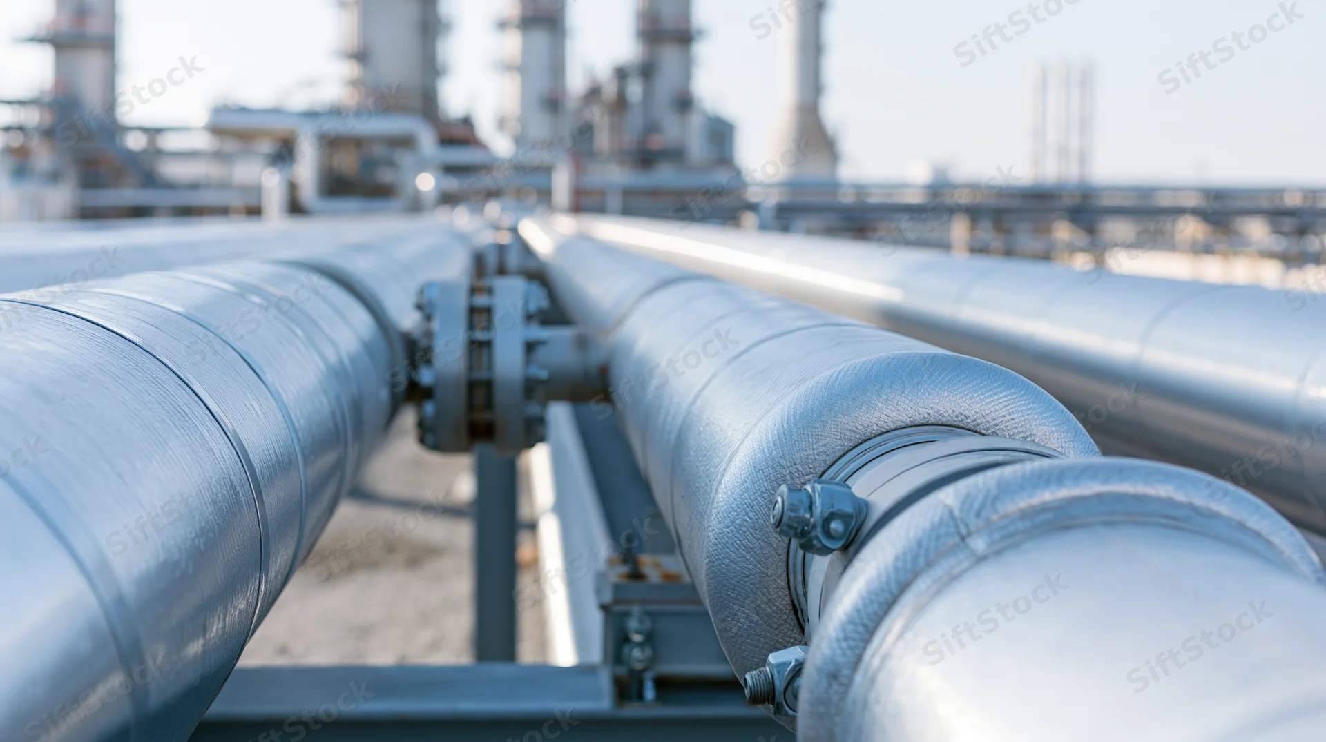 Large insulated steel pipelines running parallel in an industrial refinery setting