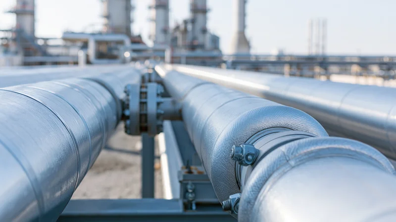 Large insulated steel pipelines running parallel in an industrial refinery setting