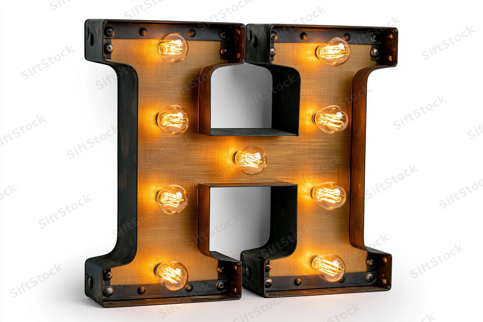 Large illuminated marquee letter h with edison bulbs on white background