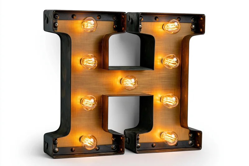Large illuminated marquee letter h with edison bulbs on white background