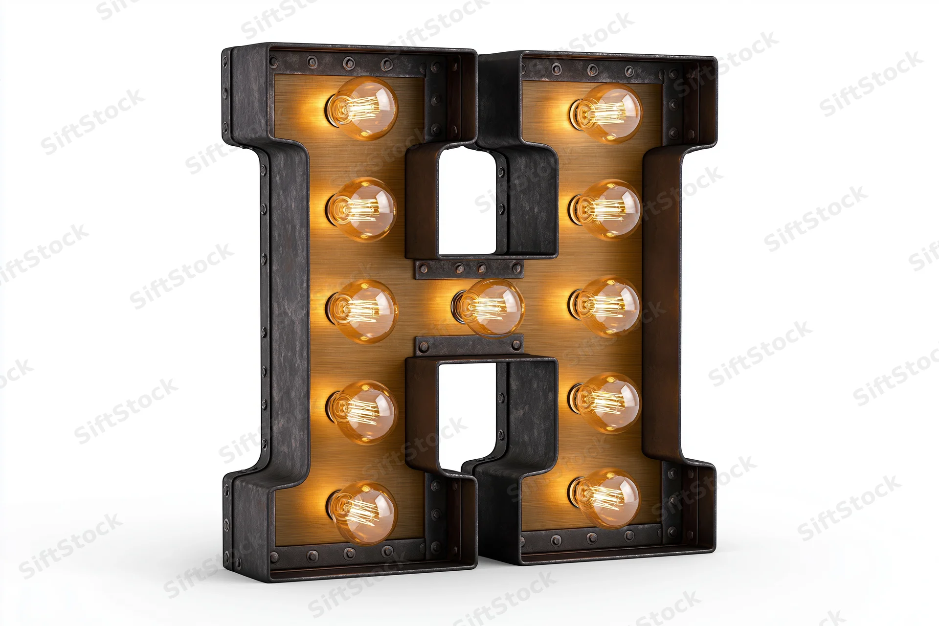 Illuminated marquee letter h with edison bulbs mounted on metal frame against white background