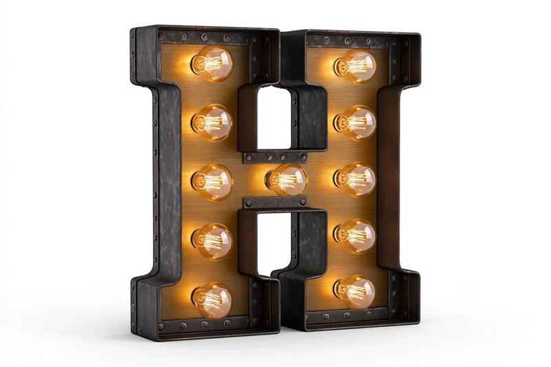 Illuminated marquee letter h with edison bulbs mounted on metal frame against white background