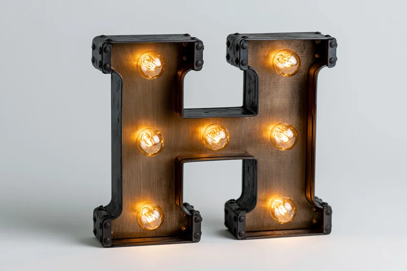 Large illuminated marquee letter h with edison bulbs on white background