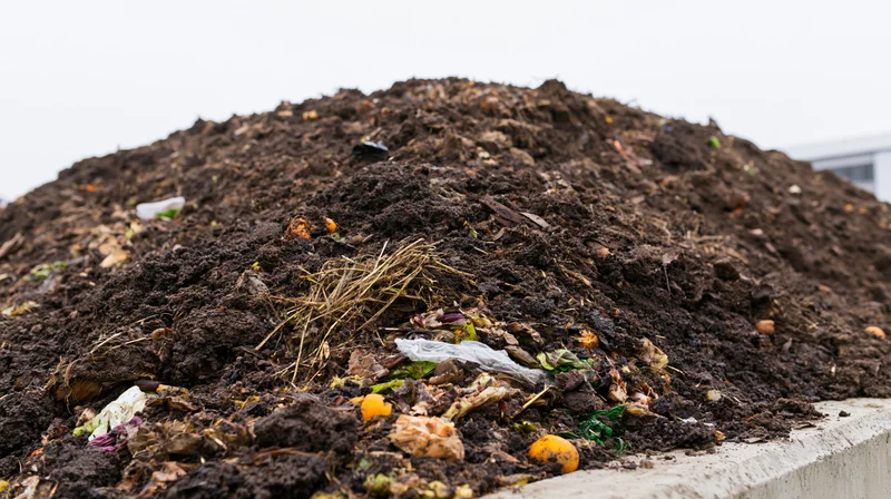 Large outdoor compost heap of decomposing food waste and organic material at industrial facility