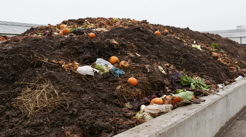 Large compost pile of food waste and organic matter in an industrial outdoor facility