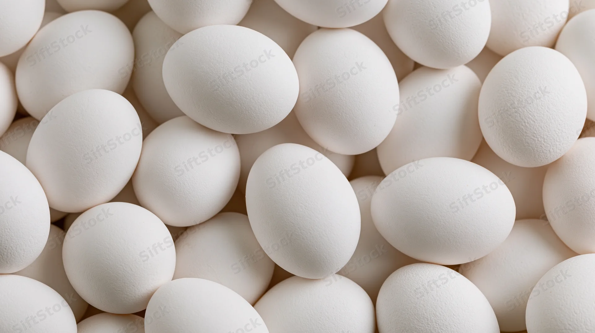 Closeup of white chicken eggs piled together filling the frame