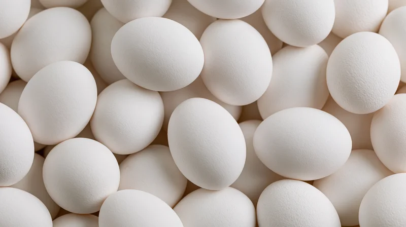 Closeup of white chicken eggs piled together filling the frame