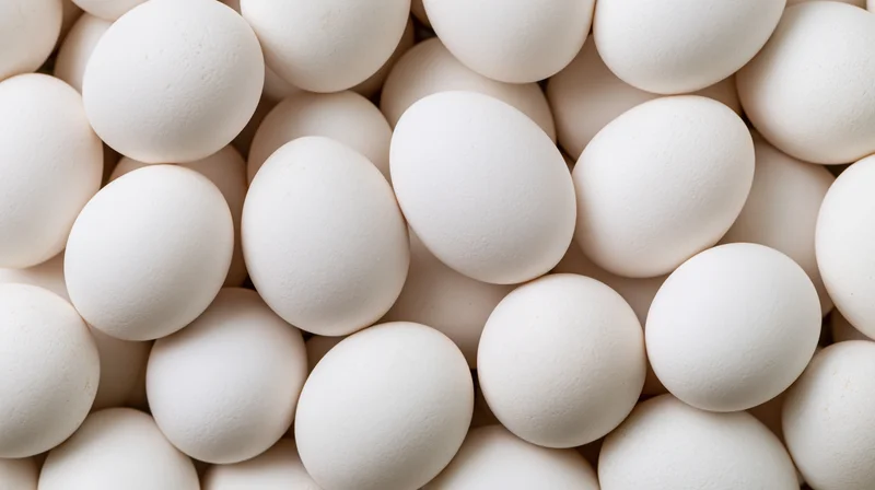 Closeup of white chicken eggs piled together filling the frame