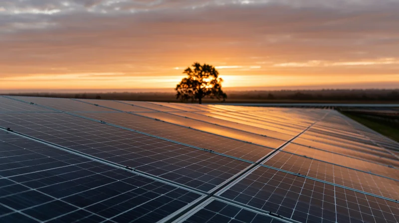 Solar panels in rows across a flat rural field at sunset with a tree silhouette on the horizon