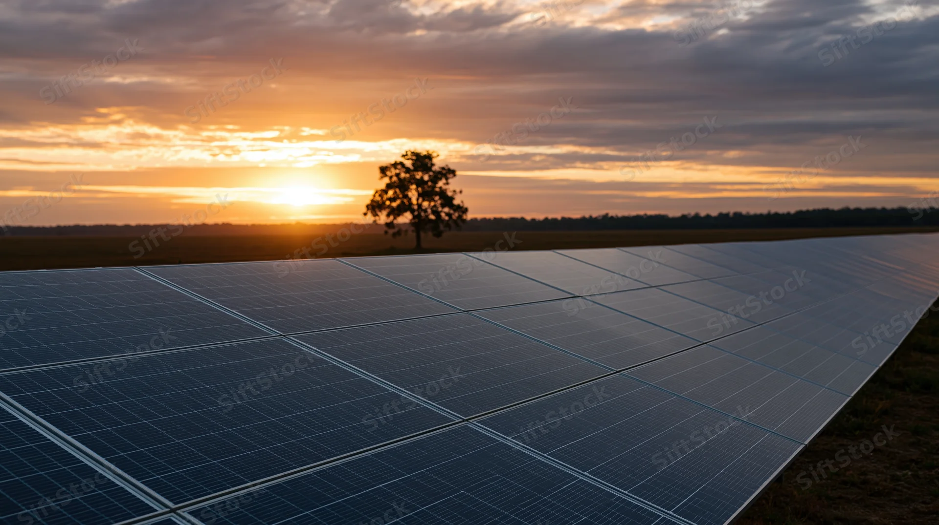 Rows of solar panels stretching across a rural field at sunset with a tree on the horizon