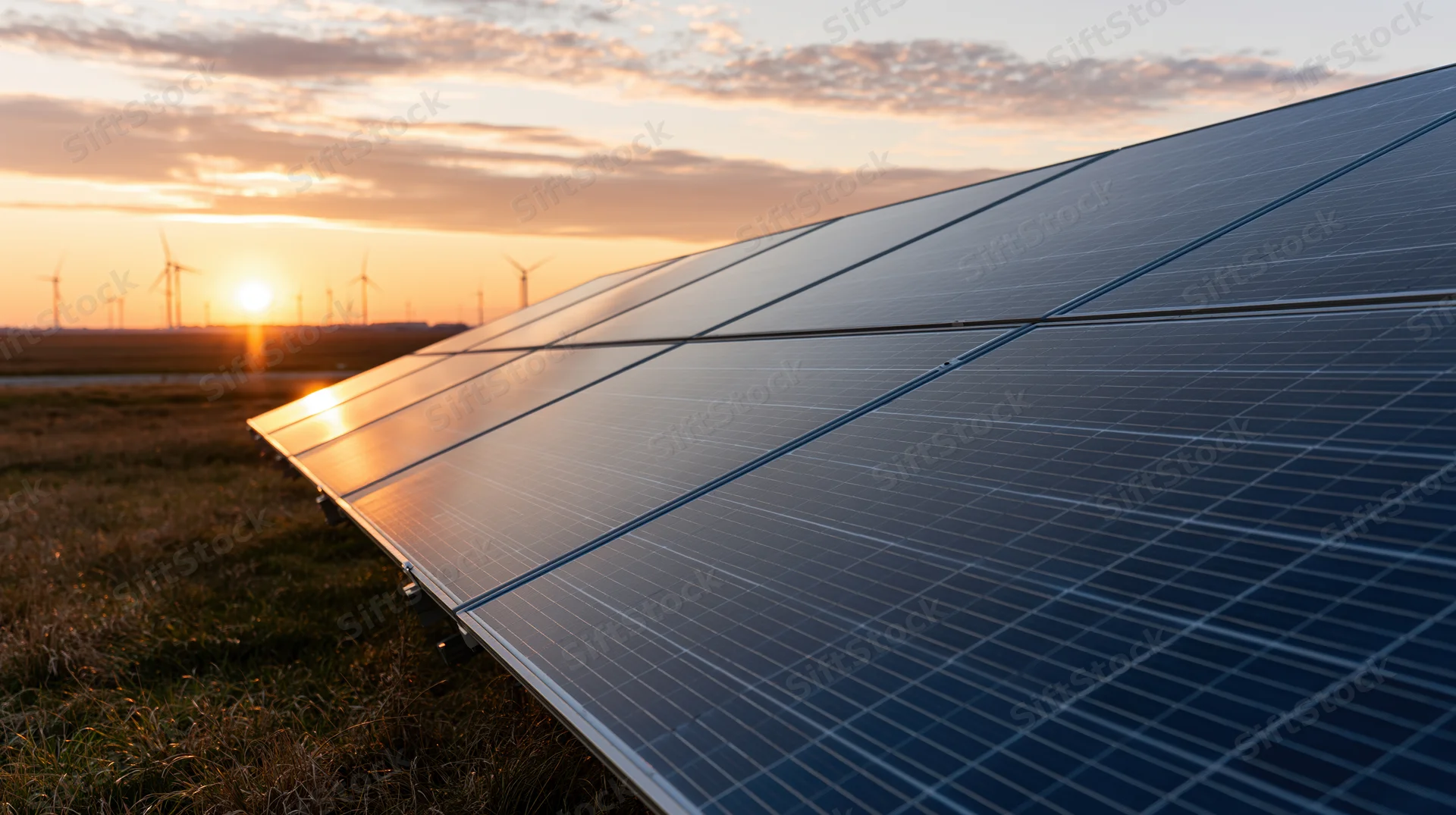 Solar panels in a field at sunset with wind turbines in the distance