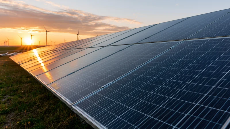 Solar panels in a field at sunset with wind turbines in the distance