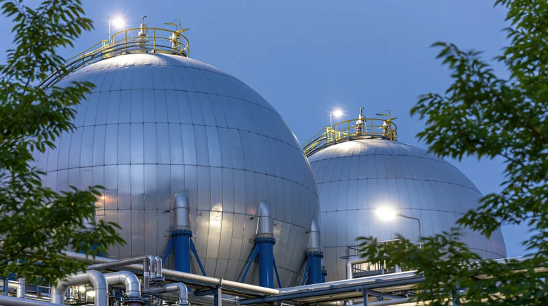 Large spherical steel gas storage tanks at a petrochemical facility with surrounding foliage and evening sky