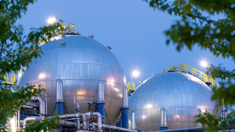 Large spherical steel gas storage tanks at a petrochemical facility framed by tree leaves at twilight