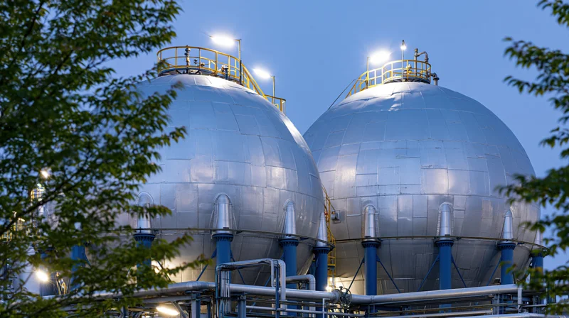 Large spherical steel gas storage tanks at a petrochemical facility with yellow railings and blue supports, framed by trees at twilight