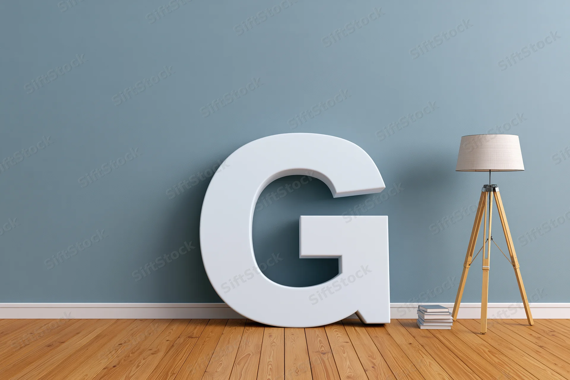 Large white three-dimensional letter g leaning against a blue wall in a minimalist room with wooden floor, tripod lamp and stack of books
