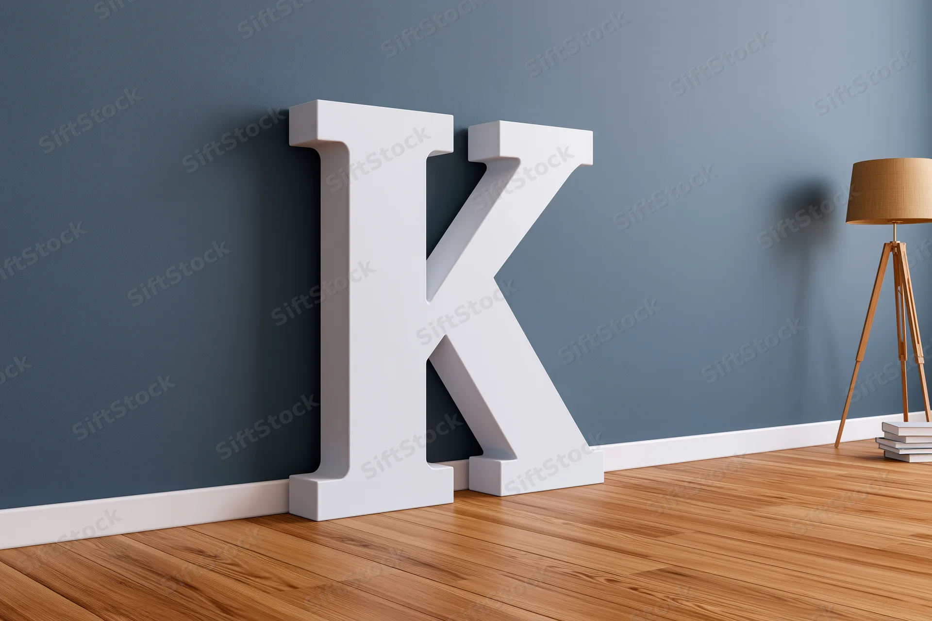 Large white three-dimensional letter k leaning against a dark blue wall in a minimalist room with wooden floor and tripod lamp