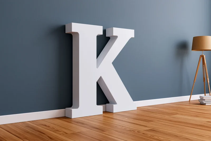 Large white three-dimensional letter k leaning against a dark blue wall in a minimalist room with wooden floor and tripod lamp