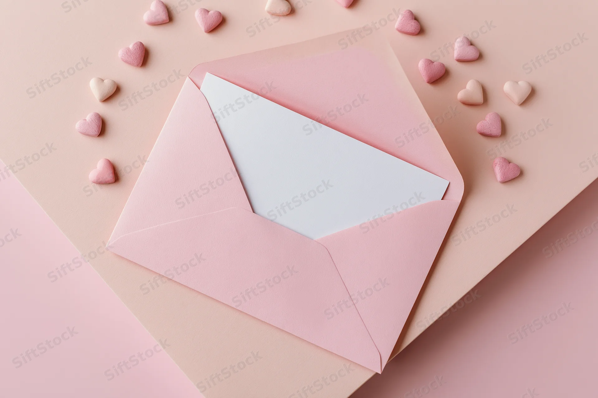 Open pink envelope with blank card and scattered heart candies on pastel surface