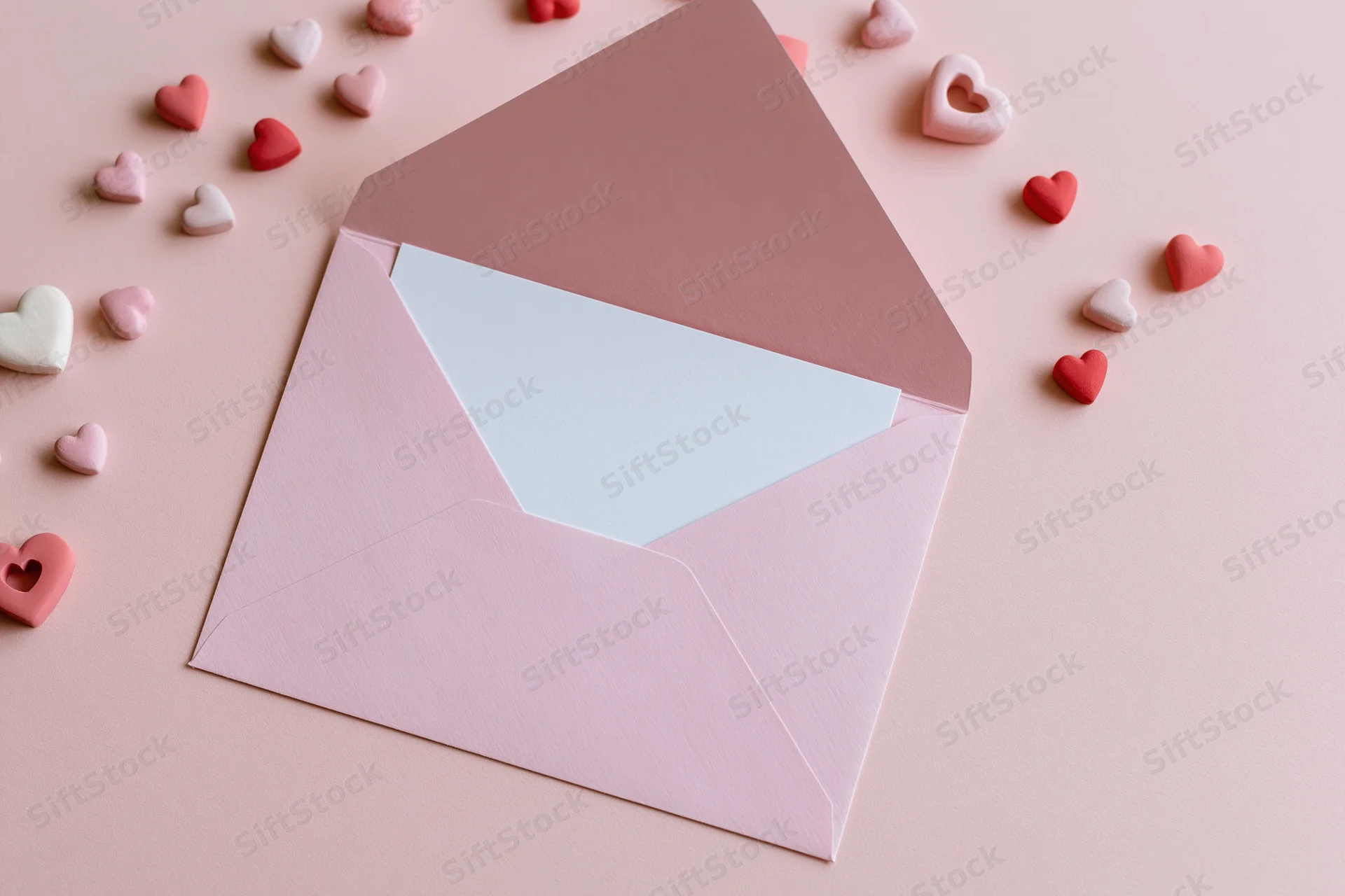 Open pink envelope with white paper inside surrounded by small hearts on a pale pink surface