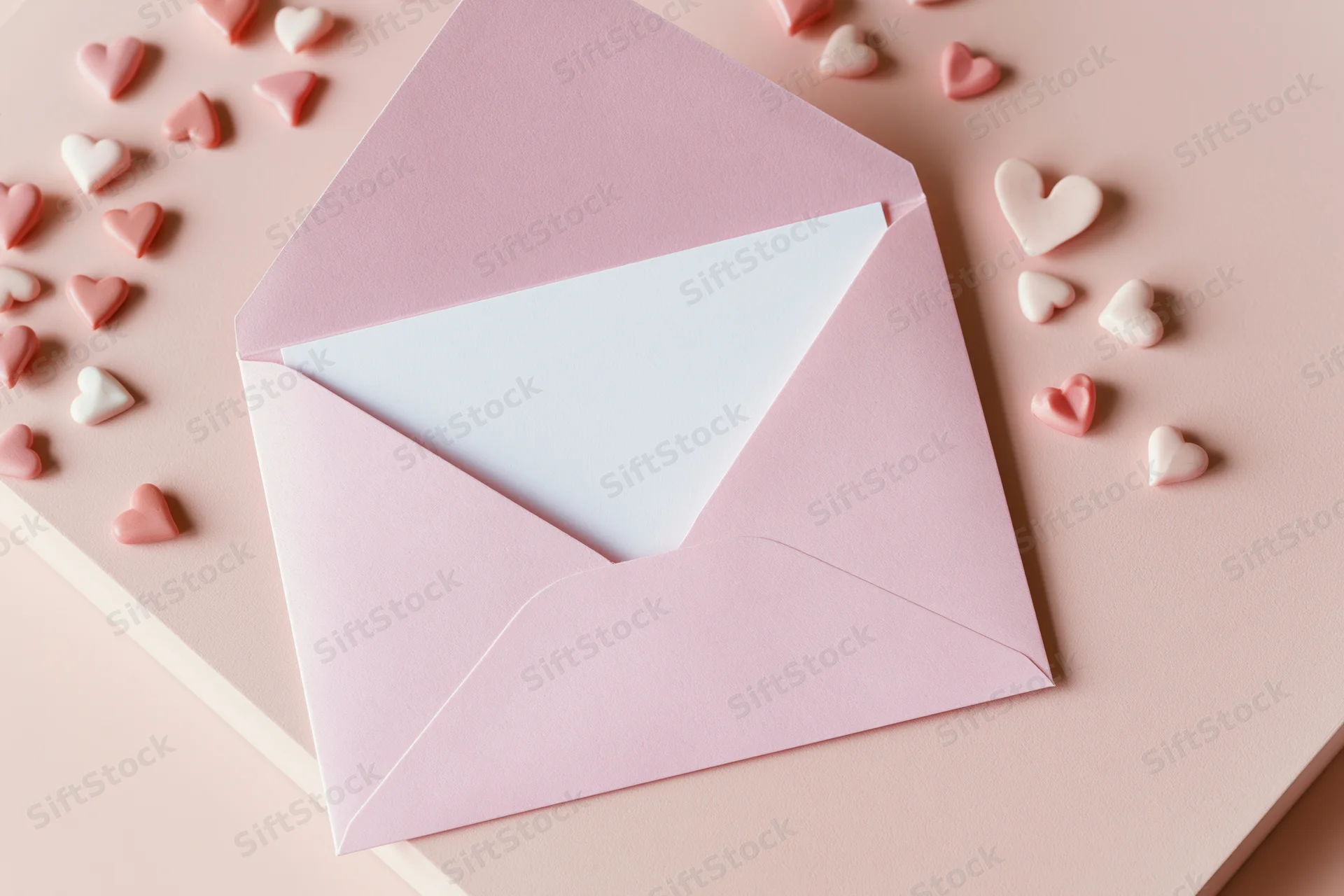 Open pink envelope with white paper inside on pale pink surface surrounded by small pink and white heart-shaped candies