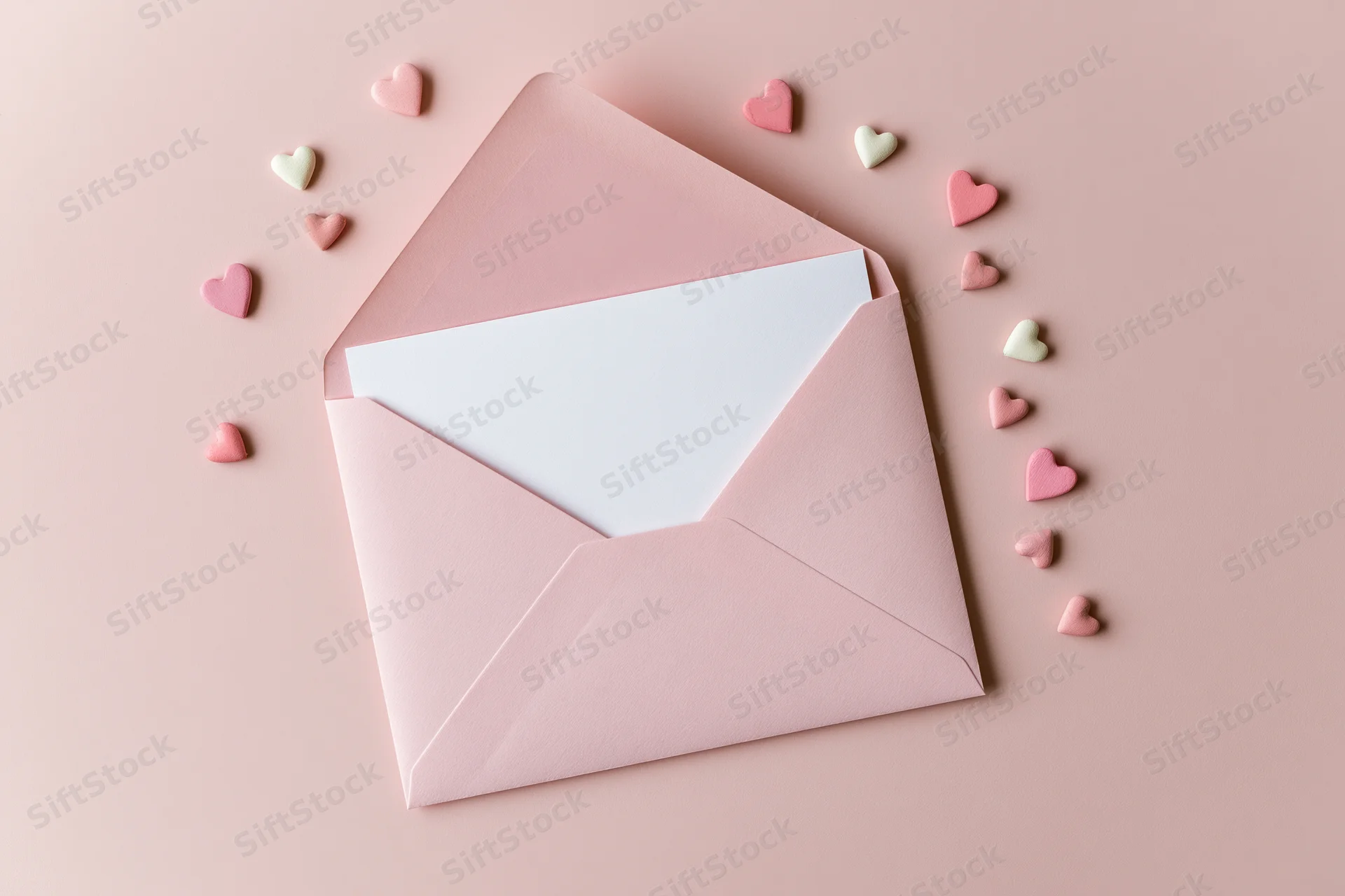 Open pink envelope with white card and scattered heart shapes on pastel pink surface