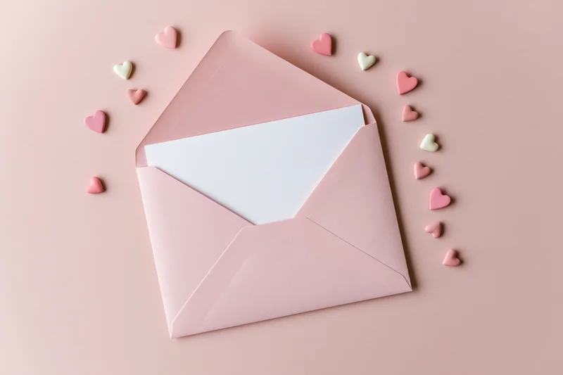 Open pink envelope with white card and scattered heart shapes on pastel pink surface