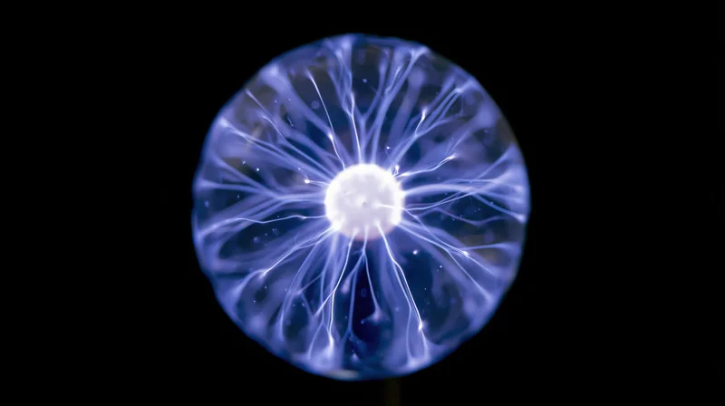 Plasma sphere glowing with electric filaments against black background