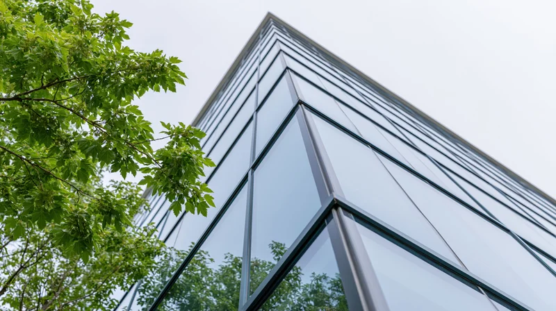 Low-angle view of a modern glass office building facade with tree foliage in the foreground
