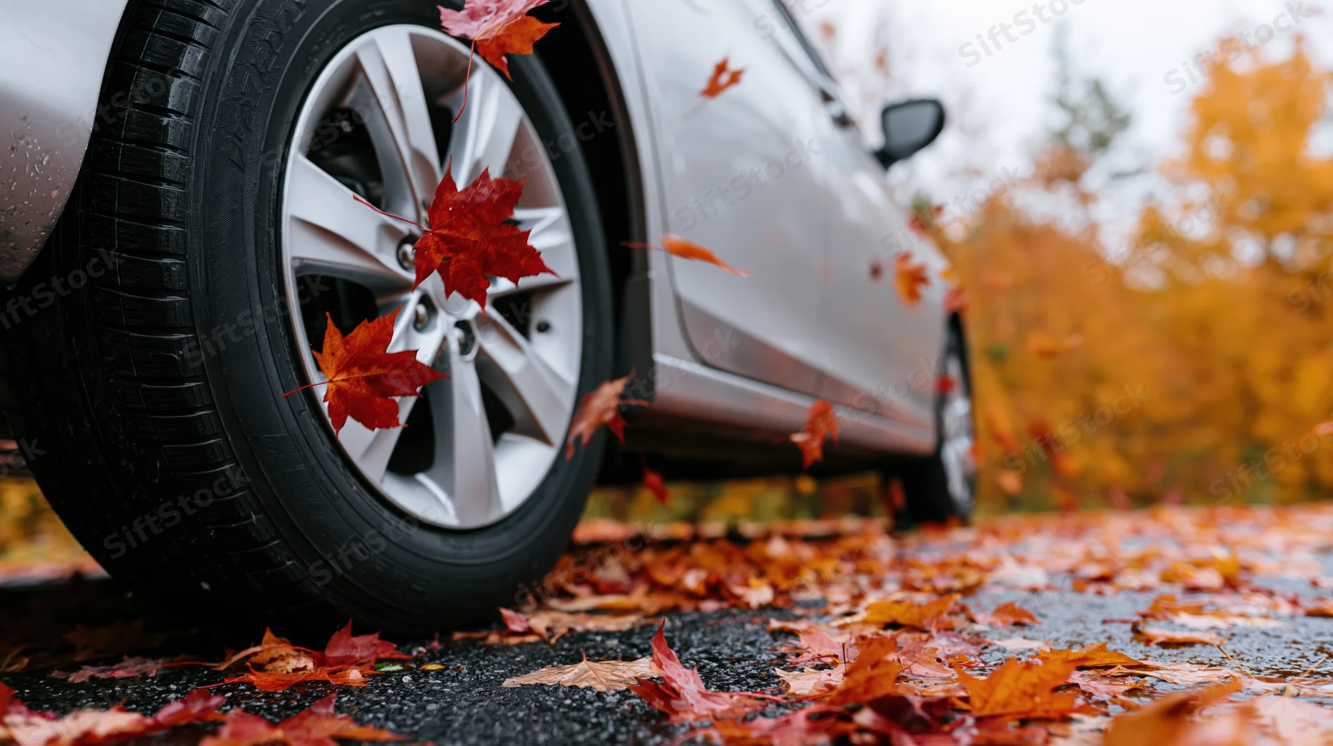 Closeup of car tire and lower door with autumn leaves on wet pavement