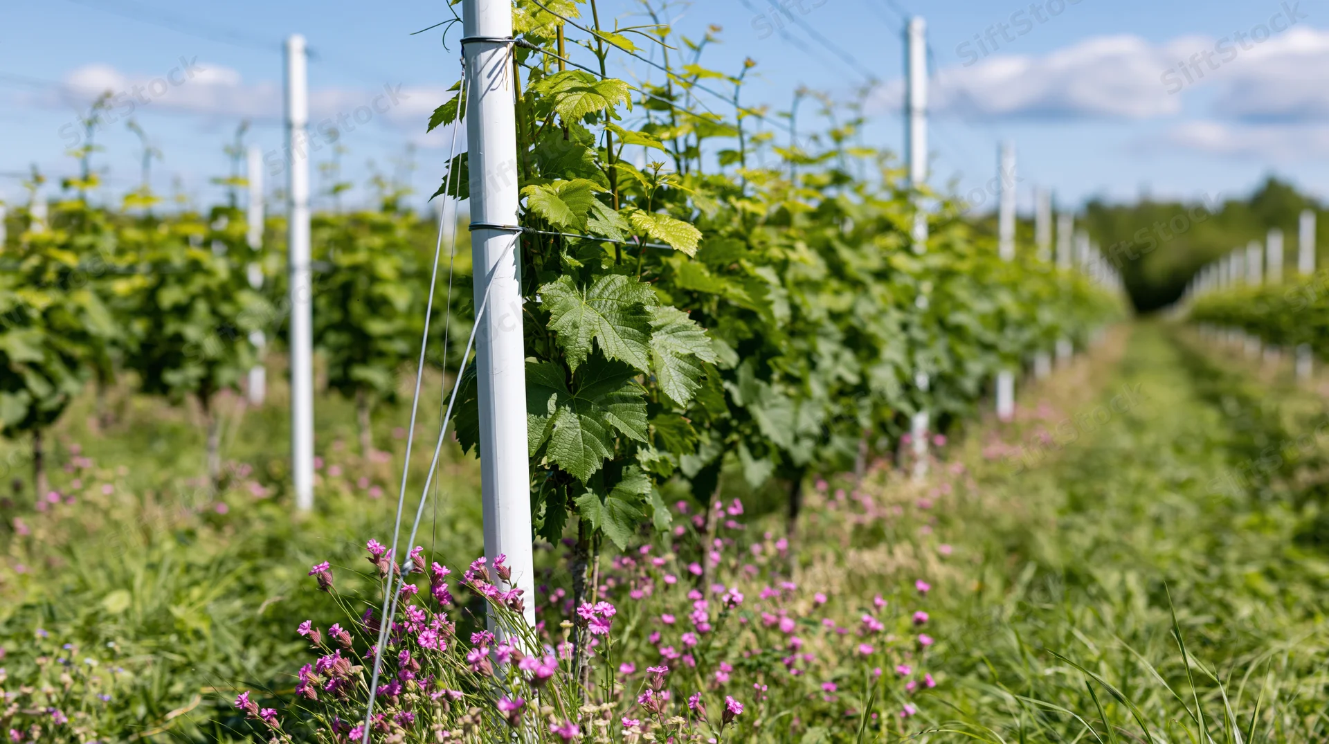 Rows of grapevines growing on trellis in a vineyard with wildflowers in foreground