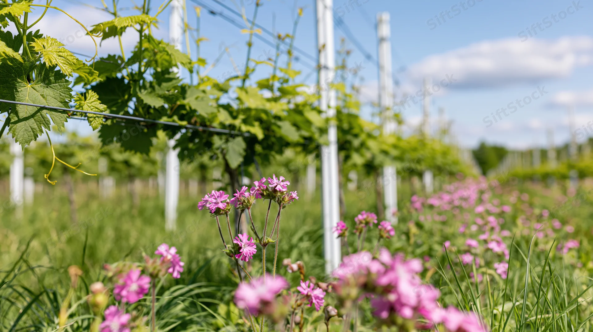 Pink wildflowers blooming in a vineyard row with grapevines and trellis under a blue sky