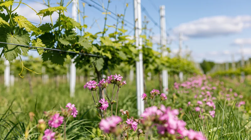 Pink wildflowers blooming in a vineyard row with grapevines and trellis under a blue sky