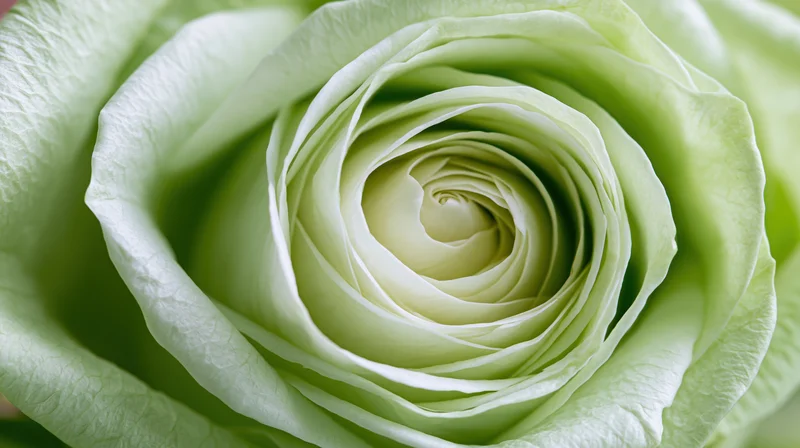 Close-up of a pale green rose bloom showing spiral petals unfurling from the center