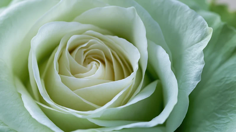 Close-up of a pale green rose bloom with spiral petals in soft focus