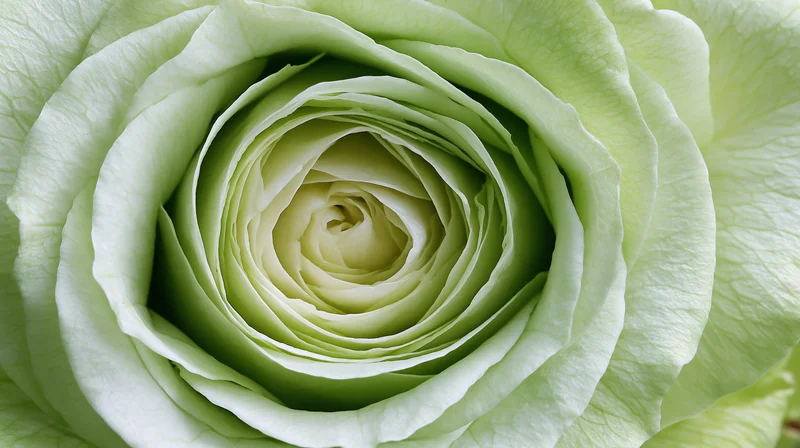 Close-up of a pale green rose bloom showing spiral petals in detailed texture