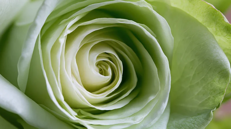 Close-up of a pale green rose bloom showing spiral petals in detailed macro view